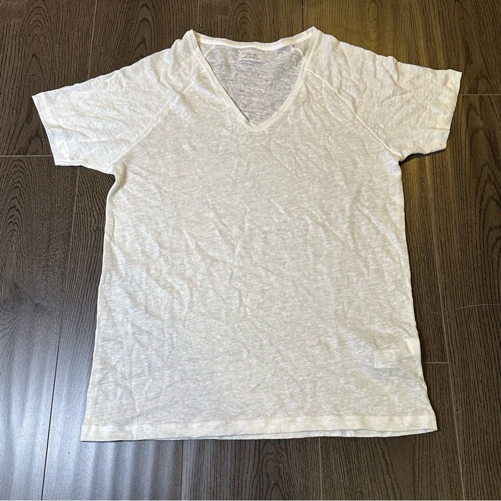 Zara Man 100% Linen V Neck T Shirt Mens Large White Casual Summer Lightweight